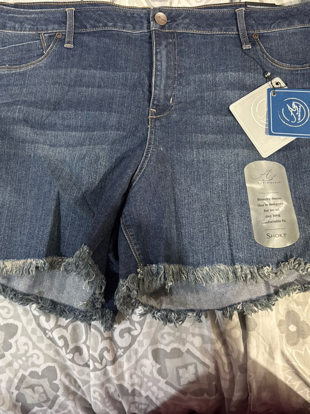 A. Jean Dark Blue Frayed Hem Denim Shorts